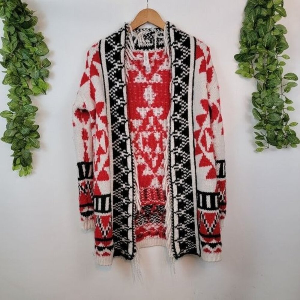 Bethany Mota Fringe Knit Tribal Aztec Geometric Long Open Front Warm Cardigan XS